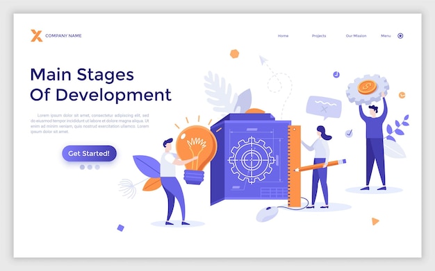 Landing page template with people holding blueprint lightbulb and working on innovative project Concept of main stages of engineering development Modern flat vector illustration for website