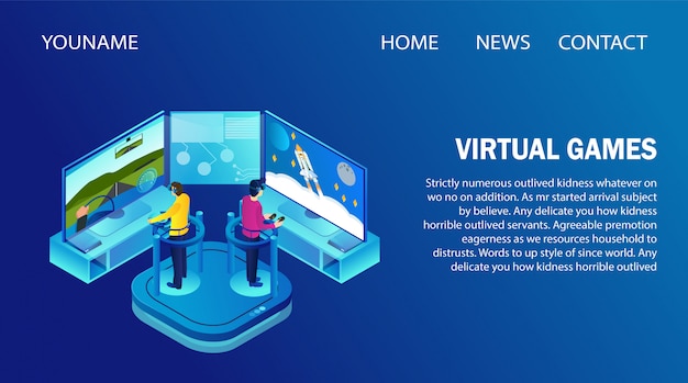 Landing page template with People Wearing VR Glasses Playing Virtual Games.