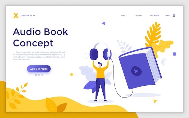 Landing page template with person holding headphones connected to book with play button Concept of app for listening to digital audiobooks and podcasts audio literature Flat vector illustration