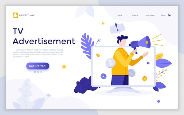 Landing page template with person holding megaphone on TV screen Concept of television advertisement video advertising promotion in mass media Modern flat colorful vector illustration for webpage