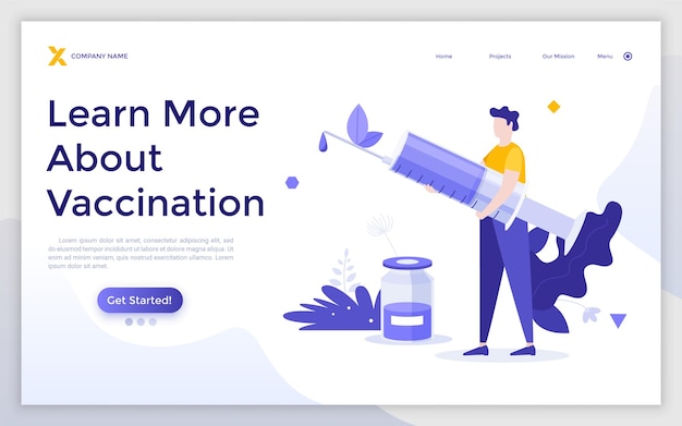 Landing page template with person holding syringe ampule with medication Concept of vaccine against COVID19 infection vaccination immunization medical treatment Modern flat vector illustration