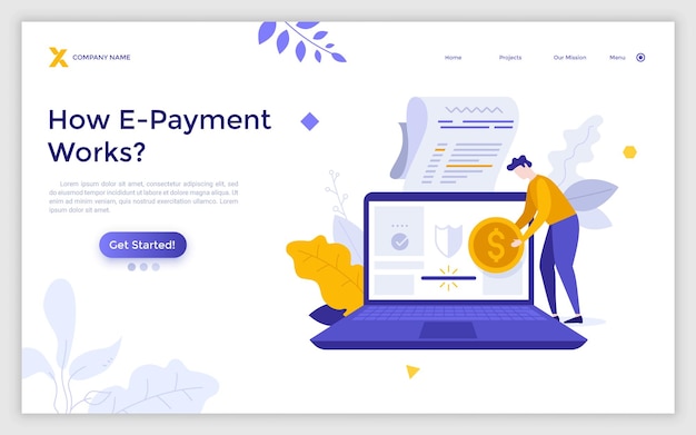 Landing page template with person inserting coin into slot in laptop computer Concept of electronic or digital payment banking application for epayment Modern flat vector illustration for website