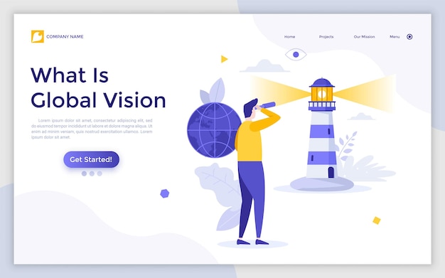 Landing page template with person looking at lighthouse through spotting scope Concept of global vision strategic thinking visionary leader or entrepreneur Flat vector illustration for website