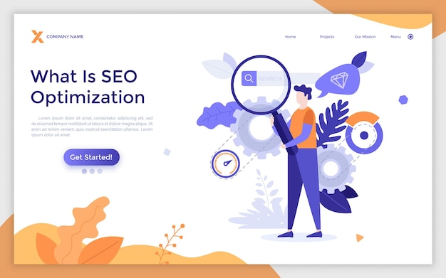 Landing page template with person looking at web browser bar through magnifying glass Concept of SEO or search engine optimization internet marketing Modern flat vector illustration for webpage