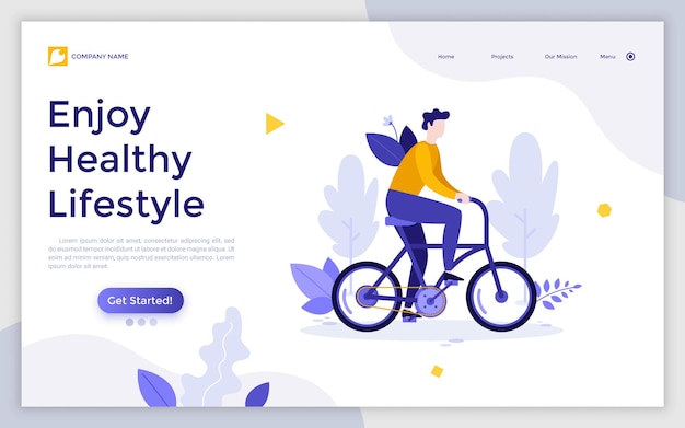 Landing page template with person riding bicycle Concept of enjoying healthy lifestyle outdoor sports training cardio exercise leisure activity Flat vector illustration for webpage website