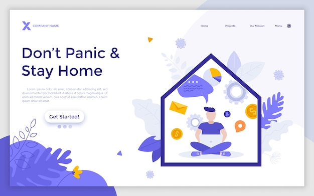 Landing page template with person sitting crosslegged with laptop computer inside house Stay home concept selfisolation quarantine measure COVID19 spread Flat vector illustration for website