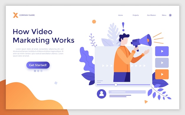 Landing page template with person speaking with bullhorn on laptop computer screen Concept of work of video marketing online multimedia advertising Modern flat vector illustration for website