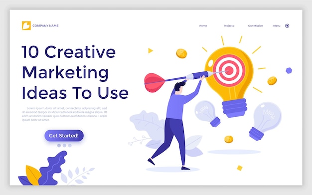 Landing page template with person throwing dart in target or dartboard on light bulb Concept of marketing idea generation business innovation goal achievement Flat vector illustration for website