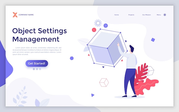 Landing page template with person touching levitating cube Concept of object settings management 3d model creation computer graphics digital sculpting Modern flat vector illustration for website