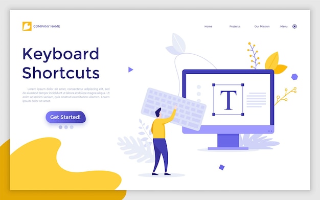 Landing page template with person using keypad connected to computer Concept of keyboard shortcuts for text editor program electronic device for typing Modern flat vector illustration for website