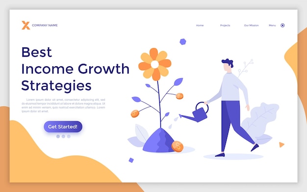 Landing page template with person watering flower with dollar coins Concept of income growth financial profit increase in personal earnings or revenue Modern flat vector illustration for webpage