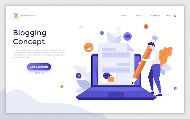Landing page template with person writing on paper sheet on computer screen or blogger creating new post or social media Concept of internet blogging Modern flat vector illustration for website