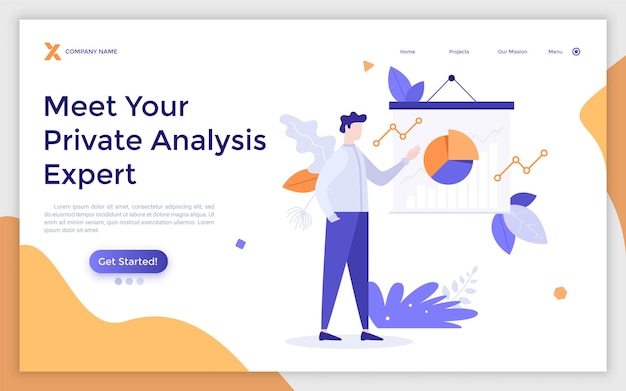 Landing page template with researcher or analyst demonstrating pie chart and analyzing data Concept of private business or statistical analysis expert Modern flat vector illustration for website