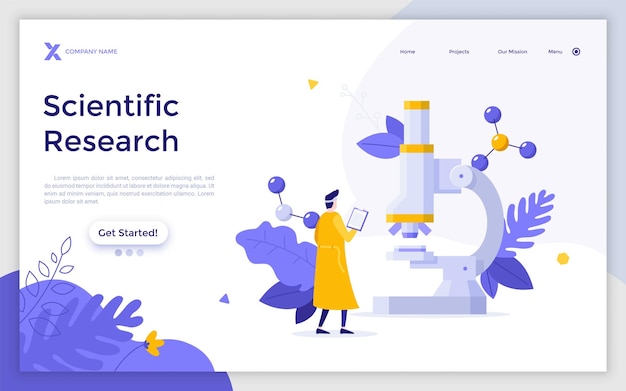 Landing page template with researcher or scientist in lab coat looking at microscope and molecules Concept of scientific research laboratory experiment Modern flat vector illustration for website