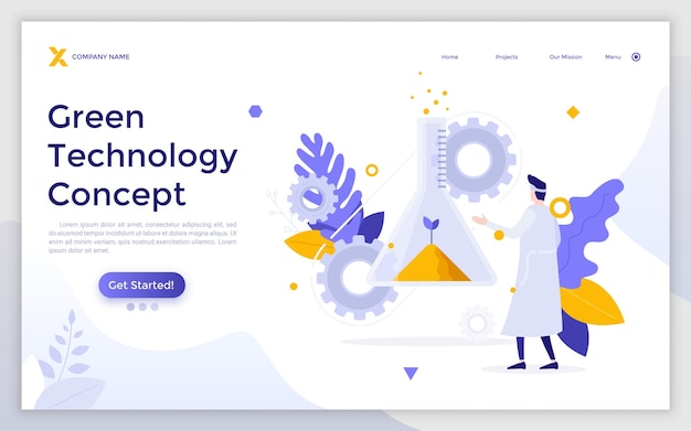 Landing page template with scientist or chemist looking at plant growing inside flask Concept of scientific research in green or eco friendly technology Modern flat vector illustration for website