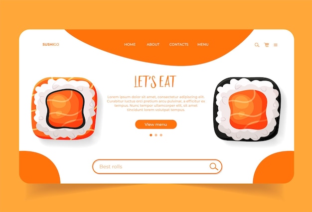 Landing page template with searching window for rolls menu Homepage template with Asian food