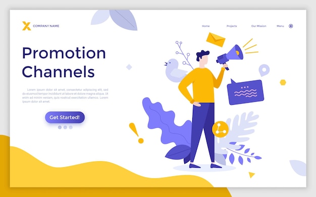 Landing page template with shouting man with megaphone Concept of promotion channels on Internet digital marketing strategy online advertising campaign Modern flat vector illustration for webpage