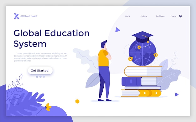 Landing page template with student looking at globe with graduation cap on books Concept of global education international exchange program studying abroad Flat vector illustration for website