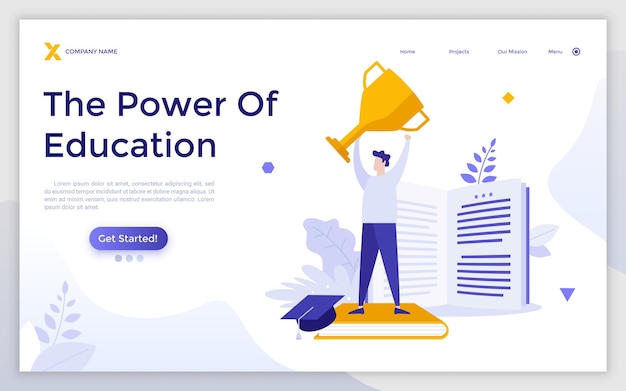 Landing page template with student standing on book and holding golden winner cup Concept of power of education academic success excellent study performance Flat vector illustration for website