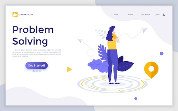 Landing page template with thoughtful woman standing in maze and searching for exit Concept of problem solving business thinking strategic decision making Flat vector illustration for webpage