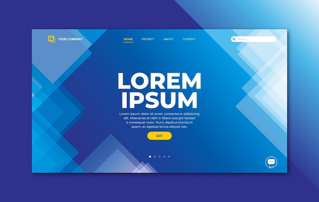 Landing page template with transparent glass in triangle geometric shape on blue background for website home page