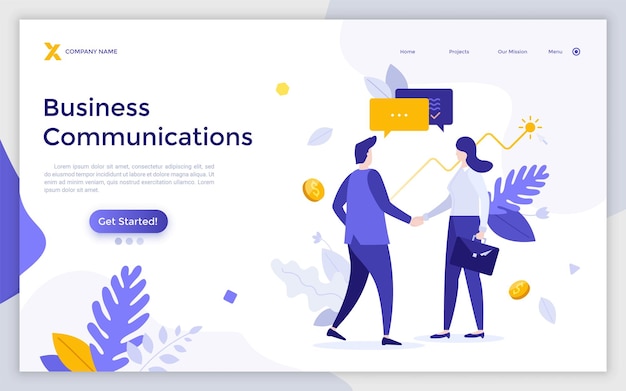 Landing page template with two entrepreneurs shaking hands and ascending chart Concept of business communication partnership cooperation profitable deal Flat vector illustration for website