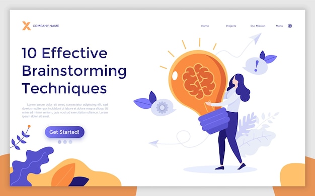 Landing page template with woman carrying lightbulb with brain inside Concept of brainstorming techniques power of intelligence creative thinking innovative idea Modern flat vector illustration