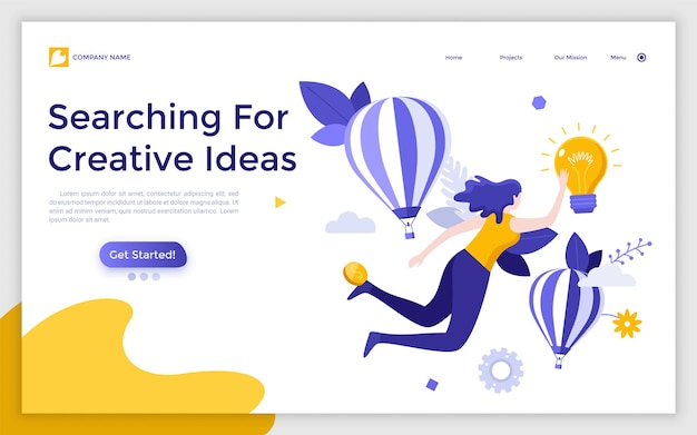 Landing page template with woman flying among air balloons and touching light bulb Concept of search for creative or innovative ideas Modern flat colorful vector illustration for webpage website