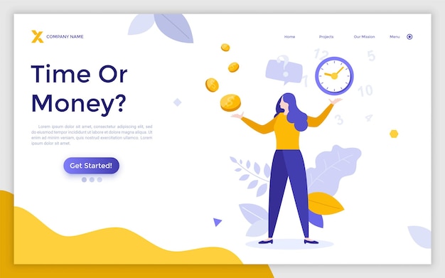 Landing page template with woman holding clock and dollar coins Concept of choice between time and money timing optimization business planning Modern flat colorful vector illustration for website