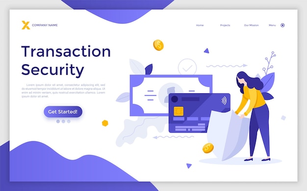 Landing page template with woman holding shield bank card and banknote Concept of electronic transaction security safe and secure money transfer Modern flat colorul vector illustration for website