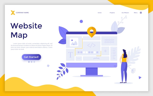 Landing page template with woman looking at website layout on computer screen Concept of site map webpage structure and navigation organization of web elements Modern flat vector illustration