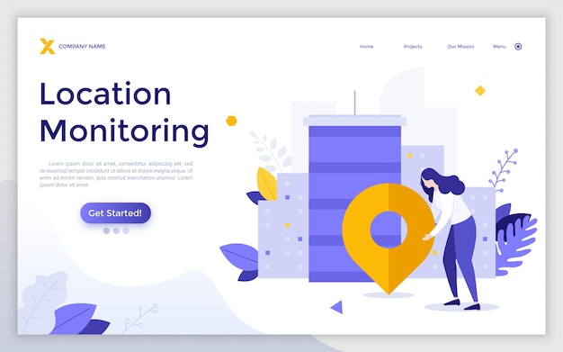 Landing page template with woman map pin city buildings Concept of location monitoring or navigation service search of geolocation or destination point Modern flat vector illustration for webpage