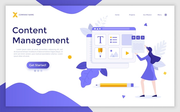 Landing page template with woman organizing digital elements of website Concept of web content management webpage administration tool organization of online information Flat vector illustration