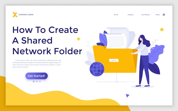 Landing page template with woman putting documents in shared folder Concept of online file exchange system digital data storage network workflow Modern flat vector illustration for webpage