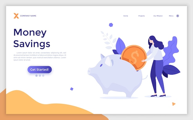 Landing page template with woman putting dollar coin into piggy bank Concept of money saving financial investment bank deposit capital accumulation Modern flat vector illustration for website