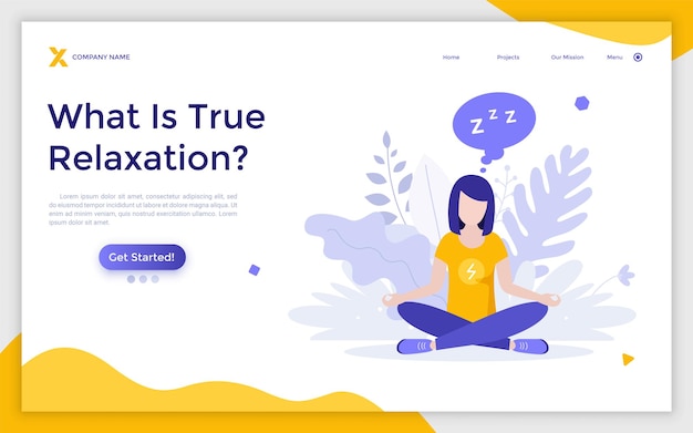 Landing page template with woman sitting crosslegged and meditating Concept of relaxation mindfulness meditation mind focusing practice rest and recharge Flat vector illustration for website