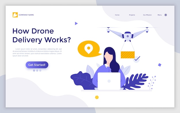 Landing page template with woman sitting at laptop computer and flying quadcopter carrying parcel Concept of express drone delivery package transportation Modern flat vector illustration for website