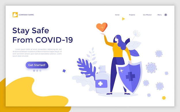 Landing page template with woman wearing medical mask holding shield and heart Concept of personal protection against Coronavirus disease or COVID19 virus Modern flat vector illustration for website