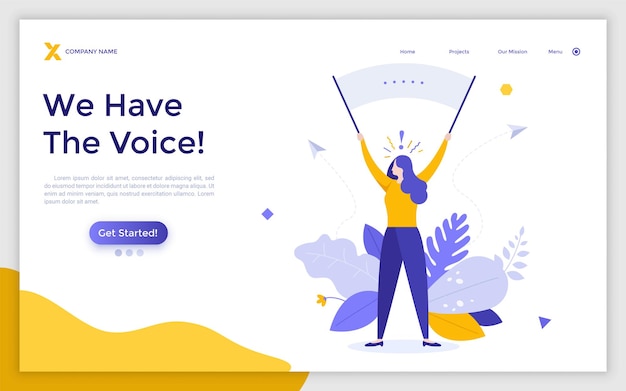 Landing page template with woman with drumsticks and exclamation point Concept of people's voice freedom of speech and expression Modern flat colorful vector illustration for webpage website