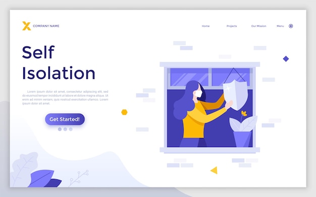 Landing page template with woman with mask hanging shield on window Stay Home concept selfisolation quarantine measure against COVID19 pandemic spread Modern flat vector illustration for website