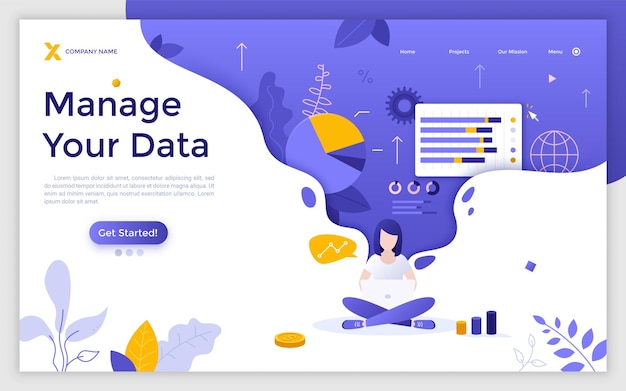 Landing page template with woman working on laptop computer charts and diagrams Personal data management system financial information analysis Flat vector illustration for internet service promo