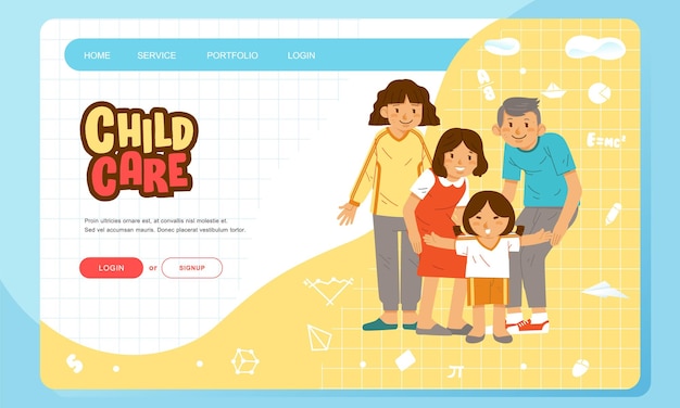 Landing page web or app design for kindergarten school with illustrations of children mothers fathers and female teachers