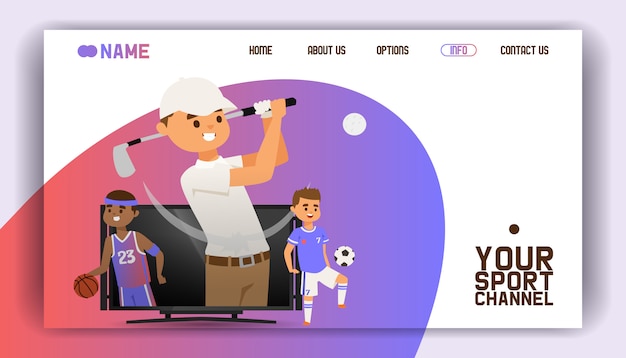 Landing page, web template. Playing golf with equipment such as club and ball, football and basketball players standing in TV screen. 