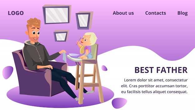 Landing page web template with Best Father Dad Feed Little Son Highchair