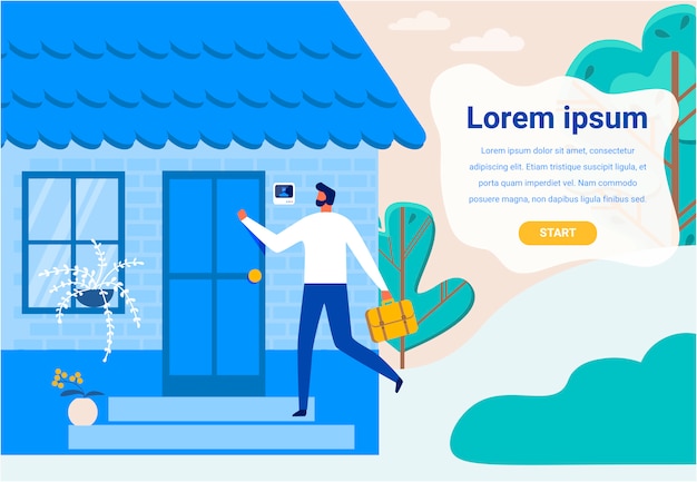 Landing Page with Cartoon Man Came Home after Work