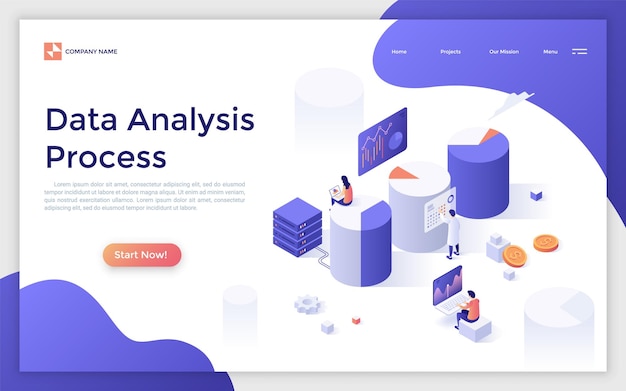 Landing page with giant diagrams or charts and people analyzing statistical or financial information Big data analysis process Creative isometric vector illustration for website advertisement