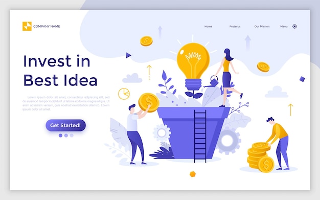 Landing page with group of people, managers or investors cultivating light bulb growing in giant pot. Invest in best ideas, innovative investment and financial profit. Modern flat vector illustration.