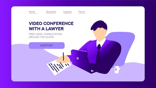 Landing page with hand drawn lawyer on white and purple background