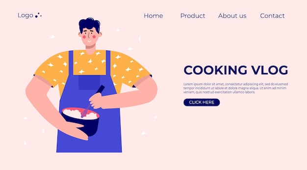 Landing page with modern people cooking vlog Set of characters enjoying their hobbies leisure Vector illustration in flat cartoon style