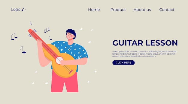 Landing page with modern people guitar lesson Set of characters enjoying their hobbies leisure Vector illustration in flat cartoon style